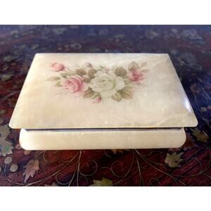 Vintage Italian Alabaster Jewelry Box with Floral Motif